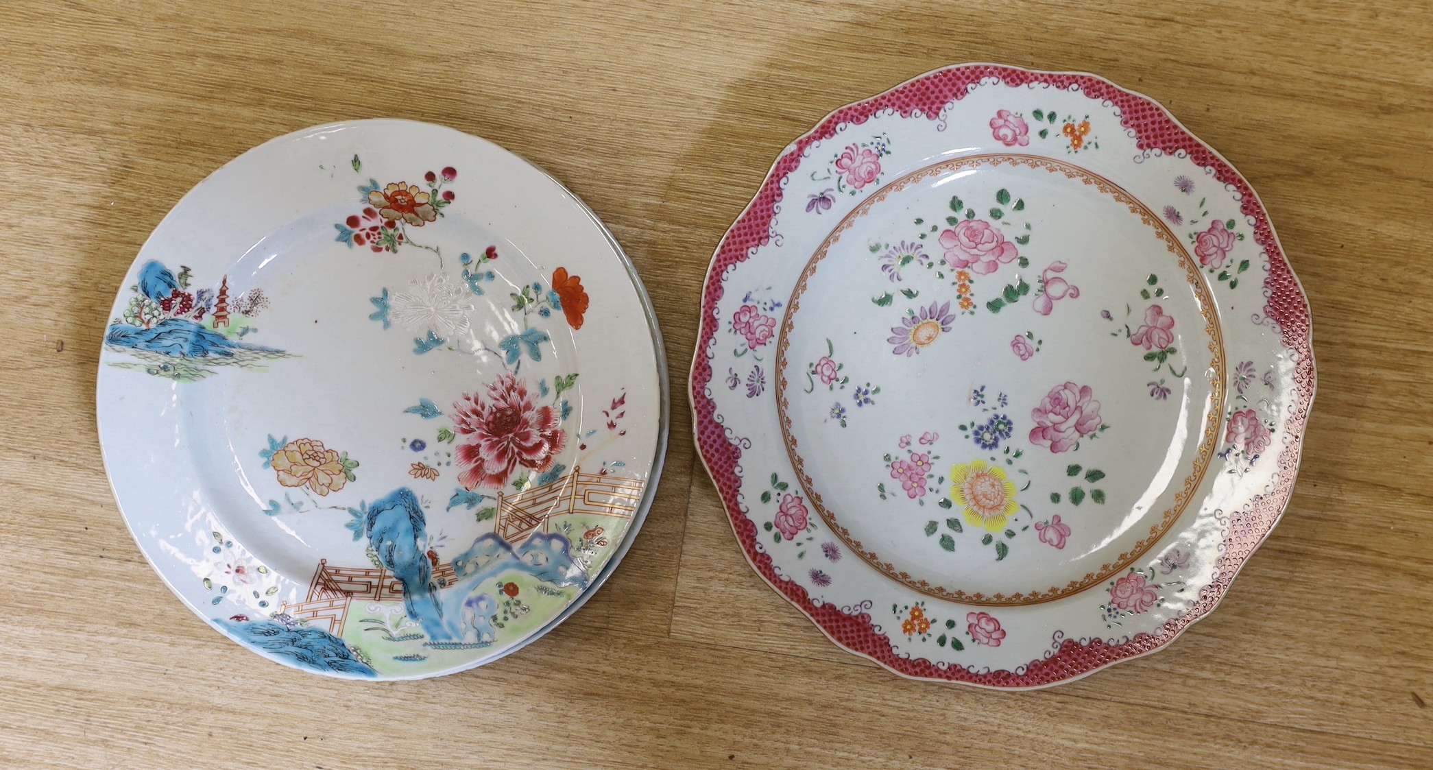 Two pairs of 18th century Chinese export famille rose plates, largest 26 cms wide.